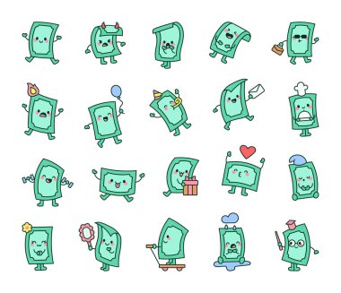 Money bill cartoon character set with various emotions, accessories, adorable expressions, and cheerful poses in cute kawaii style illustration for creative and delightful microstock projects clipart