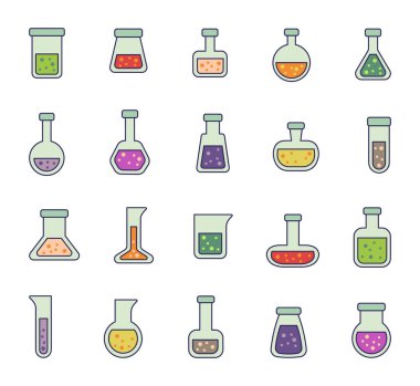 Şirin matara laboratuarının ana hatları çeşitli şekillerde Clipart çizimleri, bilimsel deneyler için nesneler ve ekipmanlar sizin yaratıcı tasarım elementleriniz için kimya araştırma laboratuvarı.