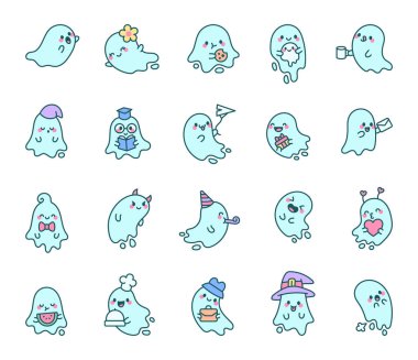 Duygular, aksesuarlar, şapka, mektup, hediye, kitap, içki, parti öğeleri ve sizin yaratıcı tasarımınız için tatil temalı kawaii karikatür çizimleri içeren hayalet karakterler.