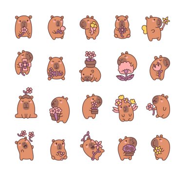 Büyüleyici kapibaralar ve çiçek seti. Sevimli gülümseyen karakterler, kawaii çizgi film tarzında desenler ve senin tasarım projelerin için desenler hazırlıyorlar.