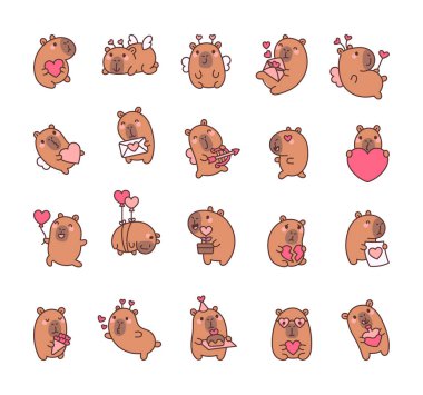 Sevimli Capybara Sevgililer Günü karakterleri. Kalpleri, kanatları, balonları, buketi ve romantik jestleri olan aşk kutlayan karakterler. Tasarım projeleriniz için neşeli ve içten anlar.