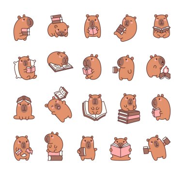 Capybara karakterleri, sevimli kawaii karikatür tarzında kitap okuyup öğrenerek sizin projeleriniz için duygusal ve büyüleyici pozlar veren eğlenceli ve rahatlatıcı aktiviteler hazırlıyorlar.