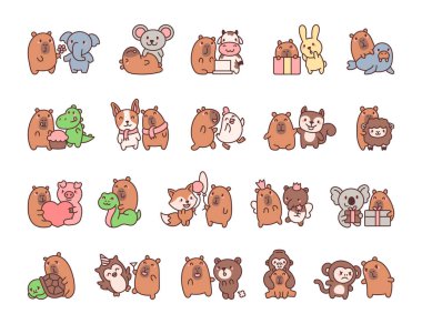 Capybara ile arkadaş canlısı set çeşitli hayvanlar içeren sevimli kawaii karakterler sarılma, dans, sevgililer günü, sihirli değneği ve neşeli yaratıcı çizimler için kanatları olan periler