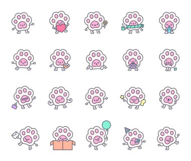 Yumuşak Taba pençeleri. Sevimli kawaii çizgi film karakterleri. Duygularını, eğlenceli hareketlerini ve yaratıcı temalarını gösteren eşsiz pozları, hediyeleri ve büyülü unsurları olan.