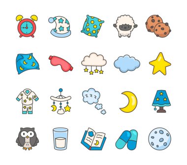 Yastık, bulut, yıldız, ay, pijama, koyun, kurabiye, gece içkisi, cep telefonu, göz maskesi, battaniye ve rahatlama için rüya gibi aksesuarlar içeren uyku zamanı nesneleri.