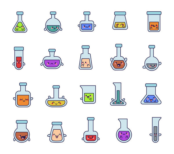 Cute kawaii flask lab cartoon character set showcasing various emotions and expressions for scientific experiments chemistry research laboratory illustrations and creative design elements