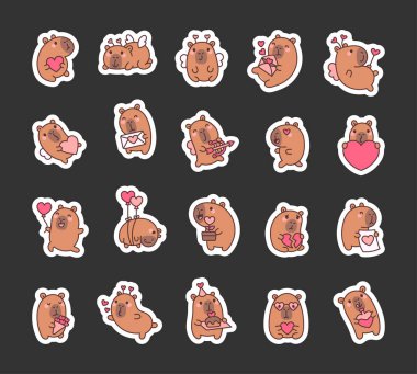 Sevimli Capybara Sevgililer Günü karakterleri. Kalpleri, kanatları, balonları, buketi ve romantik jestleri olan aşk kutlayan karakterler. Tasarım projeleriniz için neşeli ve içten anlar.