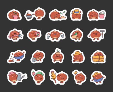 Kestane ve çiftlik karakteri, bahçecilik aletleri, bitkiler, sebzeler ve tarım elementleri ile birlikte sevimli bir kawaii karikatür tarzında tarımsal çalışma ve hasat faaliyetleri.