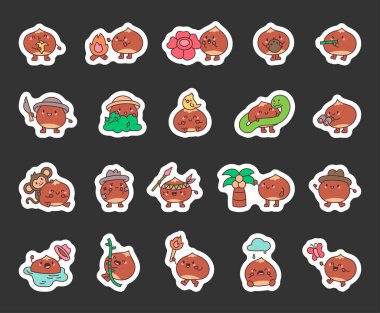 Kestane ormanı macera seti sevimli kawaii çizgi film karakterlerinin yer aldığı doğayı hayvanlarla, tropikal bitkilerle, eğlenceli pozlarla ve stok çizimleri için heyecan verici aktivitelerle keşfeden