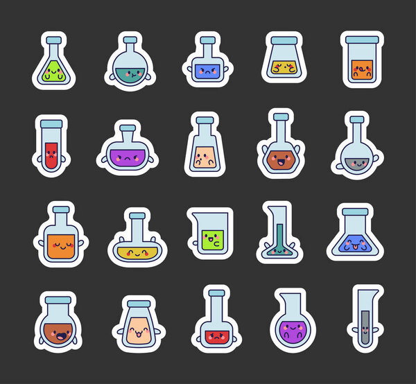 Cute kawaii flask lab cartoon character set showcasing various emotions and expressions for scientific experiments chemistry research laboratory illustrations and creative design elements