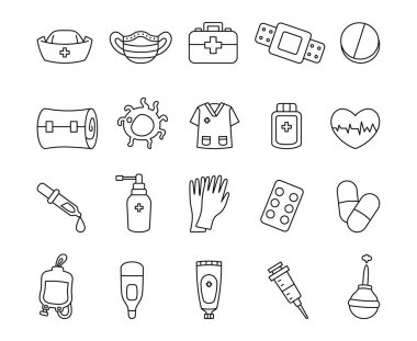 Hemşire şapkaları, haplar, şırıngalar, termometreler, bandajlar, şişeler, kan torbaları gibi temel araçları ve unsurları içeren kapsamlı bir sağlık seti.