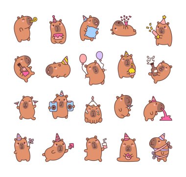 Capybara parti setinde balonlarla, pastayla, konfetilerle, mumlarla, içkilerle, farklı pozlarla ve büyüleyici parti aksesuarlarıyla kutlama yapan sevimli kawaii çizgi film karakterleri var.