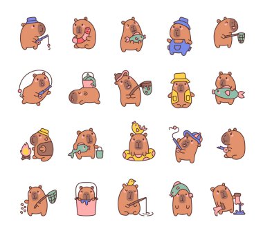 Tatlı Capybara balık tutma ve kamp seti Kawaii çizgi film karakterleriyle eğlenceli aktivitelerin, yaratıcı aksesuarların ve çeşitli rahatlatıcı ve neşeli sahnelerin büyüleyici anlarının tadını çıkarıyorlar.