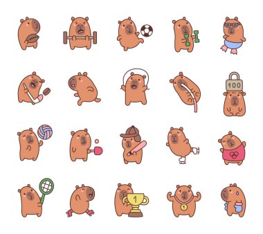 Capybara spor seti sevimli çizgi film hayvanlarını koşu, yüzme, paten, atlama, ağırlık kaldırma ve madalya kazanma gibi farklı aktiviteler yaparken gösteriyor.