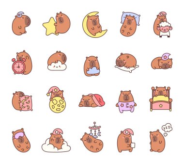 Sevimli Capybara uyku seti gece başlığı, yastık, ay, battaniye ve huzur dolu rüyaların keyfini çıkaran diğer rahatlatıcı çizgi film karakterleriyle rahat uyku zamanı anları sergiliyor..