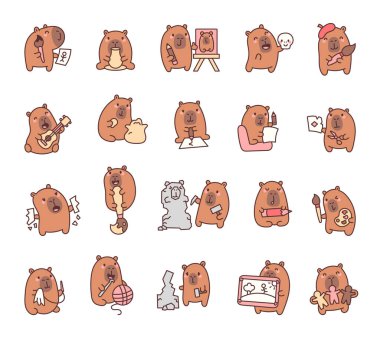 Sevimli kawaii çizgi film karakterleri resim, örgü, heykel ve müzik çalmak gibi araçları, duyguları ve yaratıcı pozları olan çeşitli aktiviteleri gösteren sevimli kapibaralar.