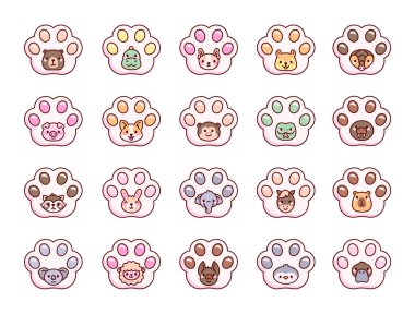 Değişik duygular gösteren, yaratıcı çizimler için mükemmel olan ve enfes tasarım projelerinde hikaye anlatımı yapan sevimli kawaii karakterlerinden oluşan Taba patisi hayvan çizgi film seti..