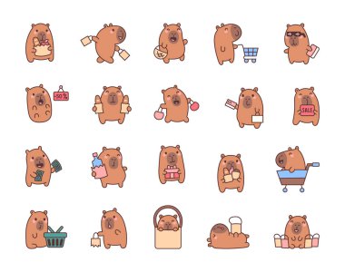 Çantalar, el arabaları, şişeler, para, hediye ve yaratıcı çizimleriniz için komik ve neşeli pozlar veren diğer malzemelerle Capybara alışveriş seti.
