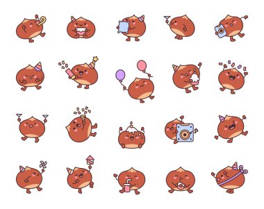 Balonları, konfetisi, pastası, mumu, müzik kutusu, şarap kadehi, havai fişeği, fırıldak ve çöreği olan sevimli kawaii çizgi film karakterleri dizisi tasarım projeleri için