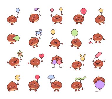Kestane ve balon seti farklı şekillerde ve çeşitli duygular barındırıyor, şenlikli dekorasyonlar ve Kawaii çizgi film stilinde ilham verici tasarım projeleri için neşeli kutlamalar için mükemmel.