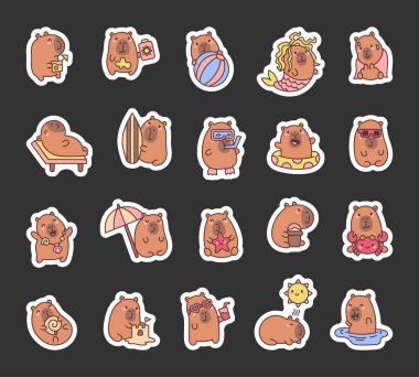 Neşeli Capybara çizgi film karakteri deniz aksesuarları, rahatlatıcı anlar, büyüleyici dekorasyonlar ve çeşitli pozlardaki sevimli duygularla eğlenceli yaz kumsal maceraları yaşıyor.