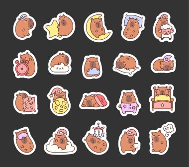 Sevimli Capybara uyku seti gece başlığı, yastık, ay, battaniye ve huzur dolu rüyaların keyfini çıkaran diğer rahatlatıcı çizgi film karakterleriyle rahat uyku zamanı anları sergiliyor..