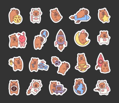 Capybara uzay macerası seti astronotlar, roketler, gezegenler ve gülümseyen karakterler çizimleriniz için eğlenceli bir çizgi film tarzında büyüleyici ifadelerle kozmik harikalar keşfediyorlar.