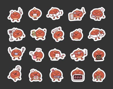 Şırınga, steteskop, termometre ve haplar gibi çeşitli tıbbi rollerde kestane doktoru ve hemşire karakterleri yaratıcı projeler için sevimli çizgi film tarzları kullanıyorlar..