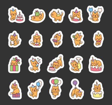 Kedi doğum günü seti, parti şapkası takmak, balon tutmak, hediyeleri açmak, konfetilerle oynamak, mektupları okumak, şampanya patlatmak ve Kawaii çizgi film tarzında kutlamak..