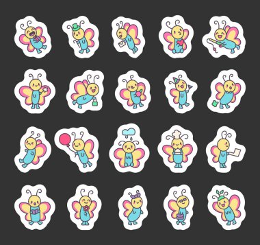 Kelebek karakter seti sevimli kanatları, etkileyici duyguları, sihirli unsurları, şenlikli aksesuarları ve yaratıcı çizimler için sevimli kawaii karikatür tarzında büyüleyici detayları barındırır.