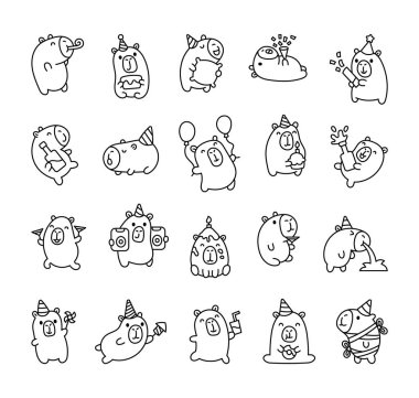 Capybara parti setinde balonlarla, pastayla, konfetilerle, mumlarla, içkilerle, farklı pozlarla ve büyüleyici parti aksesuarlarıyla kutlama yapan sevimli kawaii çizgi film karakterleri var.