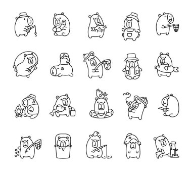 Tatlı Capybara balık tutma ve kamp seti Kawaii çizgi film karakterleriyle eğlenceli aktivitelerin, yaratıcı aksesuarların ve çeşitli rahatlatıcı ve neşeli sahnelerin büyüleyici anlarının tadını çıkarıyorlar.