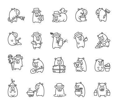 Bahçe aletleri, bitkiler, sebzeler, tarım faaliyetleri, hasır şapkalar, duygular ve büyüleyici kırsal kesimdeki sevimli etkileşimlere sahip sevimli hayvan karakterleri içeren Capybara çiftliği seti.