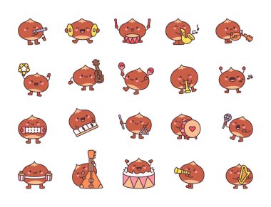 Flüt, davul, saksafon, gitar, marakas, trompet, mikrofon, sentezleyici, üçgen, balalayka ve sahnede şarkı ile çeşitli müzik performansları içeren kestane müzik enstrümanları seti.