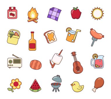 Gıda, içecek, barbekü, müzik, doğa, yaz unsurları, rahat atmosfer ve yaratıcı tasarımlar için açık hava eğlence anlarının yer aldığı sevimli nesne ana hatlarıyla piknik seti