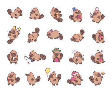 Tatil, kutlama, yemek, peri, mezuniyet, balıkçılık, sağlık, parti, aşk ve günlük aktiviteler için çeşitli pozlarda ve aksesuarlarda sevimli kawaii çizgi film karakterleri ve aksesuarları.