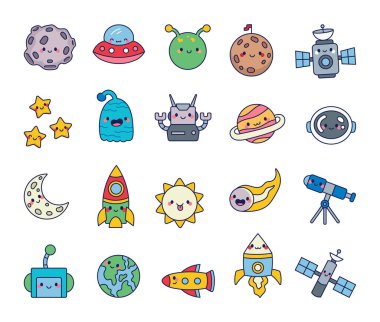 Gizemli bir UFO, sürüklenen bir asteroid, güçlü bir uydu, parıldayan yıldızlar, parlak bir kuyruklu yıldız, fütürist bir robot, Dünya, bir uzay gemisi ve heyecan verici bir macera..