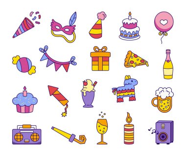 Parti kutlaması sevimli nesne tasviri klip ile ayarlandı. Şenlikli dekorasyonlar, lezzetli tatlılar, balon, maske, heyecan verici hediye, canlı müzik ve parti şapkası.