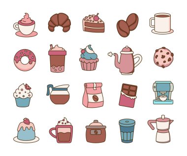 Kahve ve tatlı ile kruvasan, çörek, espresso, çikolata, puding, çaydanlık, cappuccino, köpüklü çay ve mükemmel bir sabah ziyafeti ve yaratıcı projeniz için hazır kahve..