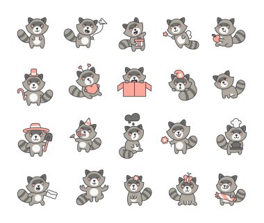 Rakun setinde çeşitli duyguları, komik ifadeleri ve sevimli pozları olan sevimli kawaii çizgi karakterleri vardı. Uyuma, uçma, kutlama ve elinde farklı nesneler bulundurmak da dahil.