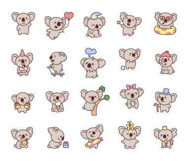 Sevimli koala karakter seti sevimli duygular ve büyüleyici pozlar sunuyor, kutlama, sürprizler, hediyeler, şık kıyafetler, yaratıcı projeniz için samimi anlar..