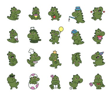 Farklı duyguları, komik ifadeleri, çeşitli aksesuarları ve güzel kawaii çizgi film tarzında çekici nesneleri gösteren sevimli timsah karakter seti.