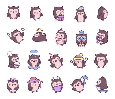 Sevimli kawaii çizgi film karakterleri farklı pozlarda, duygularını ifade eden, şenlikli aksesuarlar takan, şekerli anların tadını çıkaran, ve samimi kış kıyafetleri giyen sevimli baykuş seti.