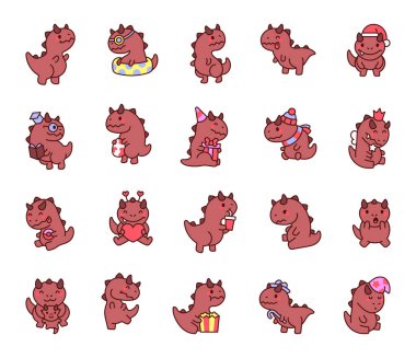 Sevimli Carnotaurus şirin kawaii çizgi film karakteri seti çeşitli duyguları, şenlikli aksesuarları ve tatil için eğlenceli günlük aktiviteleri ve yaratıcı illüstrasyonunuz için özel anları barındırıyor.