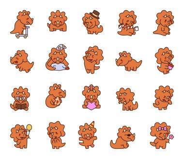 Sevimli Triceratops sevimli kawaii çizgi film karakteri farklı duyguları, şenlikli aksesuarları ve eğlenceli günlük aktiviteleri olan ve sizin yaratıcı illüstrasyonunuz için özel anları olan.