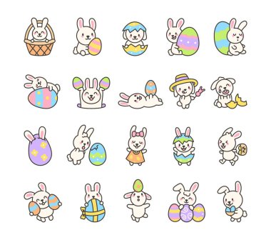 Paskalya tavşanı seti, elinde yumurta tutan, sepetinde oturan, şapka takan, fiyonk takan, gülümseyen, şaşıran, ağlayan ve neşeli bir bayramı kutlayan sevimli çizgi film karakterleriyle dolu.