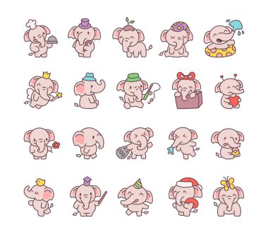 Farklı şapkalar takan, elinde nesneler tutan ve hisse senedi çizimleri için harika bir şekilde duygularını ifade eden sevimli kawaii çizgi film karakterlerinin yer aldığı bir set.