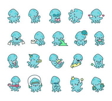 Mürekkep balığı duyguları çeşitli pozlarda, aksesuar, fantezi unsurları, şenlikli dekorasyonlar, oyuncu aktiviteler ve büyüleyici çizimler içeren sevimli kawaii çizgi karakterleri barındırır.