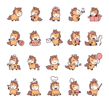 Sevimli kawaii çizgi film karakterleri ile set farklı duygu ve aktiviteler gösteren, nesneler tutan, aksesuar giyen, çeşitli eğlenceli ve etkileyici pozlarda etkileşim