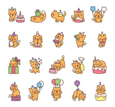 Kedi doğum günü seti, parti şapkası takmak, balon tutmak, hediyeleri açmak, konfetilerle oynamak, mektupları okumak, şampanya patlatmak ve Kawaii çizgi film tarzında kutlamak..